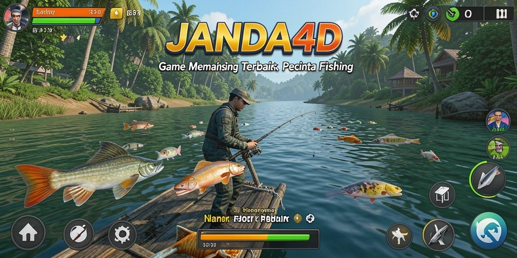 Screenshot gameplay JANDA4D menampilkan aksi memancing yang seru dan penuh warna.
