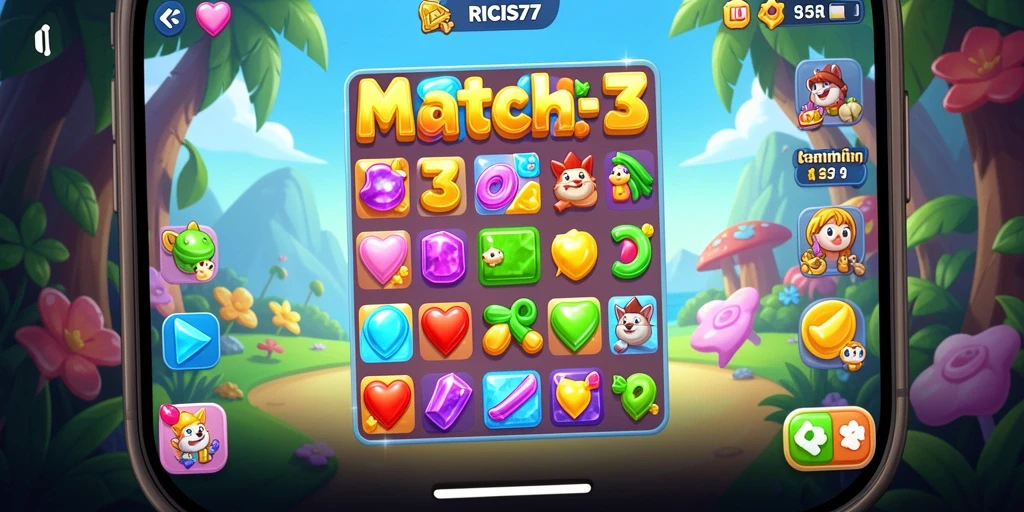 Screenshot gameplay RICIS77 menampilkan papan permainan Match-3 yang penuh warna.