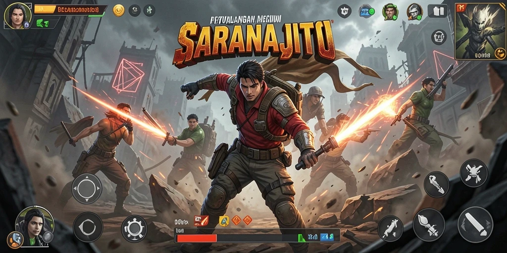 Tampilan utama gameplay SARANAJITU yang penuh aksi dan tantangan.