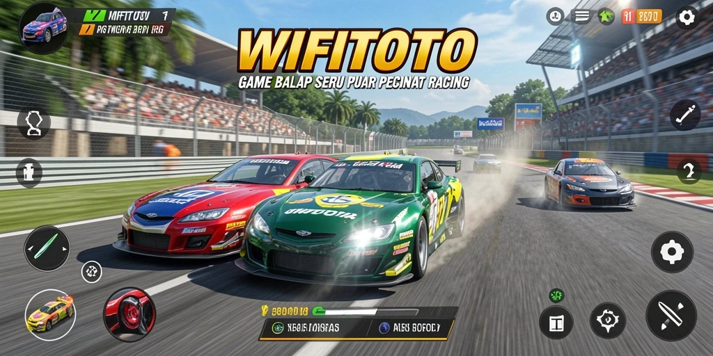 Tampilan gameplay menegangkan dengan mobil balap di trek yang menantang.