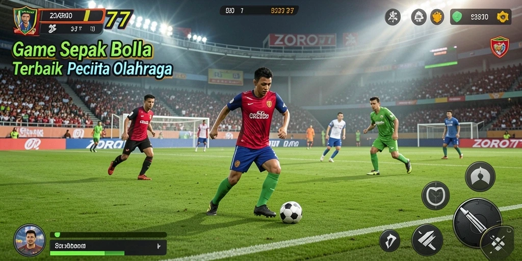 Tangkapan layar gameplay ZORO77 menampilkan aksi pertandingan sepak bola yang seru.